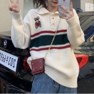 Polo-neck Striped Bear Print Sweater White - One Size