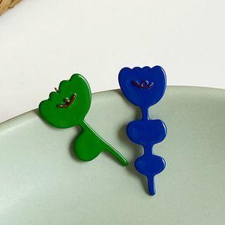 Non-matching Alloy Flower Earring 1 Pair - Silver - Blue & Green - One Size