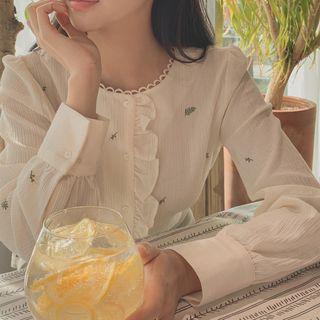 Frilled Foliage Embroidery Blouse Beige - One Size
