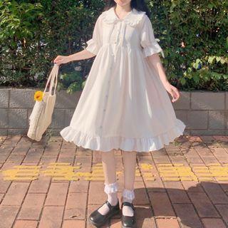 Collared Ruffled Elbow-sleeve A-line Dress White - One Size