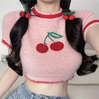 Short-sleeve Cherry Print Crop Knit Top / Oversleeves