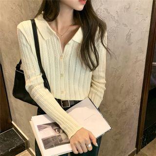 Polo-neck Pointelle Knit Cardigan