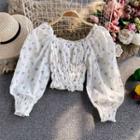 Floral Print Crochet Lace Cropped Blouse White - One Size