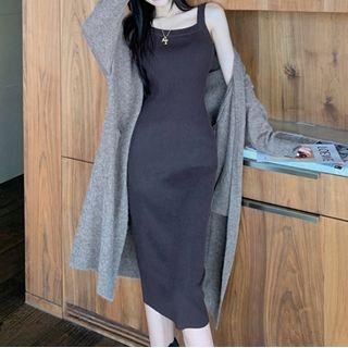 Midi Bodycon Tank Dress / Long Open-front Cardigan