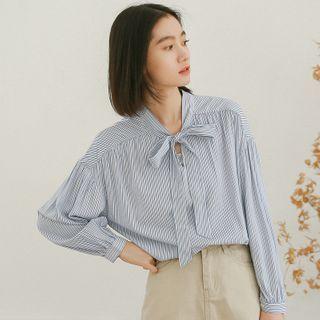 Bow Accent Striped Long-sleeve Blouse Stripe - Blue - One Size