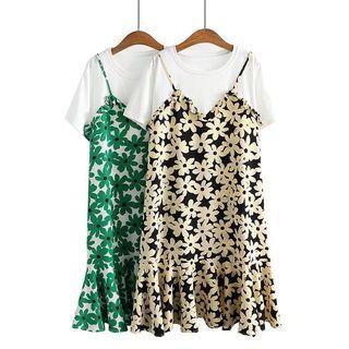 Short-sleeve Mock Two-piece Floral Smock Dress