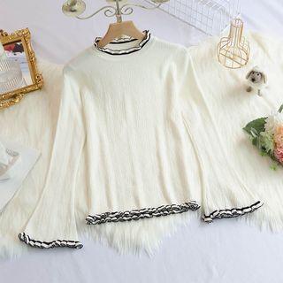 Contrast Trim Lettuce Edge Knit Top White - One Size
