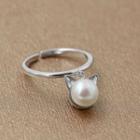 Cat Faux Pearl Sterling Silver Open Ring Silver - One Size