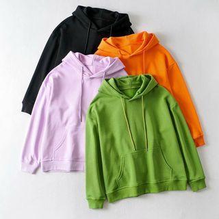 Long Sleeve Plain Pocket Loose-fit Hoodie