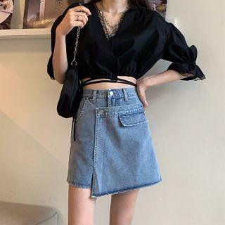 Plain Elbow-sleeve Drawstring Top / Denim A-line Short