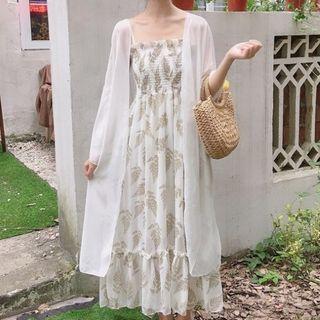 Spaghetti Strap Floral Print Midi A-line Dress / Jacket
