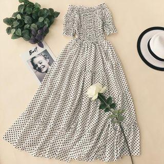 Off-shoulder Dotted Short-sleeve Midi A-line Dress