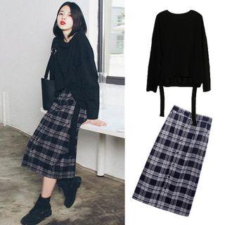 Set: Asymmetrical Pullover + Plaid Midi H-line Skirt