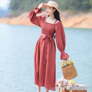 Balloon-sleeve A-line Midi Chiffon Dress