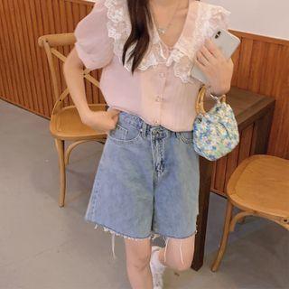 Lace Trim Collared Short Sleeve Shirt