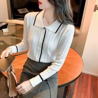 Long-sleeve Collared Button-up Perforated Knit Top