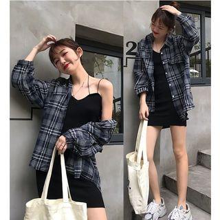 Wide Plaid Shirt + Knit Suspender Skirt Skirt - Xxxs