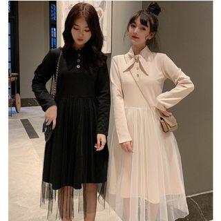 Buttoned Long-sleeve Mesh Overlay A-line Dress