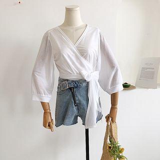 Tie-waist Wrapped Neck Long-sleeve Cropped Top
