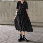 Elbow-sleeve Polka Dot A-line Midi Dress Dot - Black - One Size