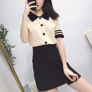 Set: Short-sleeve Striped Detail Top + Skirt