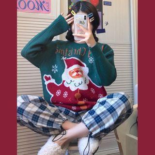 Christmas Print Sweater / Plaid Harem Pants