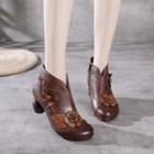 Genuine Leather Floral Sphere-heel Ankle Boots