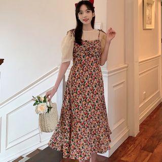 Short-sleeve T-shirt / Floral Print Midi Pinafore Dress