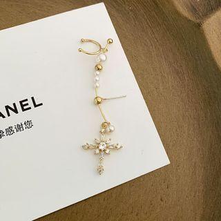 Faux Pearl Rhinestone Cross Earring Gold - One Size