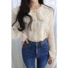 Petite Size Puritan-collar Faux-pearl Frayed Blouse