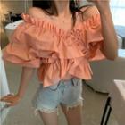 Off-shoulder Ruffle Blouse Orange Pink - One Size