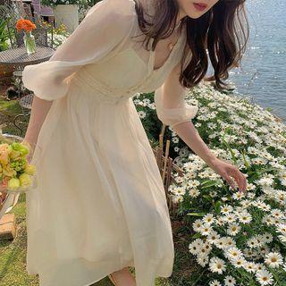 Spaghetti Strap Midi A-line Dress / Puff-sleeve Lace Trim Midi A-line Dress / Set