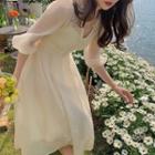 Spaghetti Strap Midi A-line Dress / Puff-sleeve Lace Trim Midi A-line Dress / Set