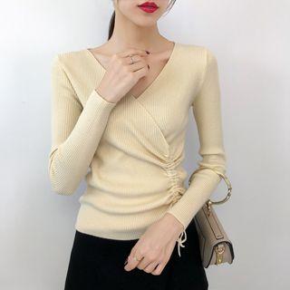 V-neck Drawstring Rib Knit Top