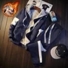 Set: Fleece-lined Color Block Zip Hooded Jacket + Jogger Pants
