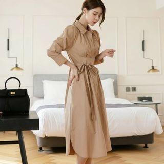 Puff-sleeve Pintuck-waist Shirtdress With Sash