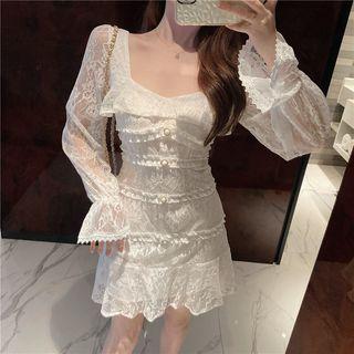 Flared-cuff Long-sleeve A-line Layered Lace Dress
