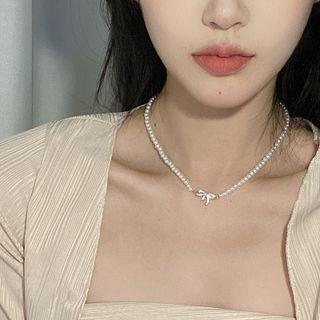 Rhinestone Bow Faux Pearl Choker Necklace Gold - One Size