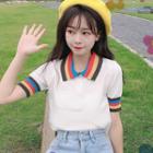 Color Block Short-sleeve Knitted Polo Shirt Stripe - Rainbow - One Size