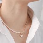 Heart Pendant Freshwater Pearl Alloy Necklace White & Gold - One Size