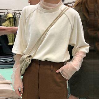 Mock Two-piece Mesh Panel Long-sleeve Top