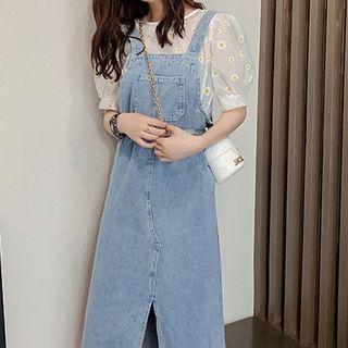 Set: Puff-sleeve Floral Embroidered Top + Denim Midi A-line Overall Dress