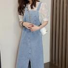 Set: Puff-sleeve Floral Embroidered Top + Denim Midi A-line Overall Dress