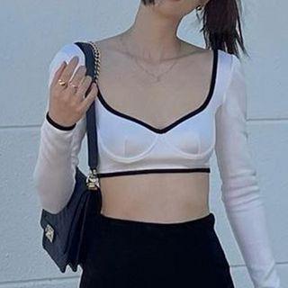 Long-sleeve Square Neck Contrast Trim Crop Top