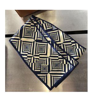 Printed Silk Narrow Scarf J610 - Navy Blue - 150x15cm