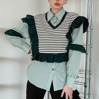 Mock Two-piece Striped Ruffle Shirt