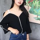 Color-block Cutout Off-shoulder Long-sleeve Blouse