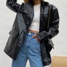 Belted Faux Leather Button-up Jacket