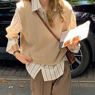 Striped Shirt / V-neck Sweater Vest / Wide Leg Pants