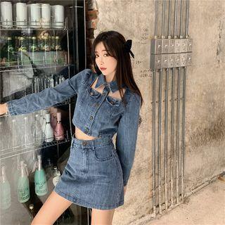 Denim Long-sleeve Blouse / High Waist Denim A-line Skirt